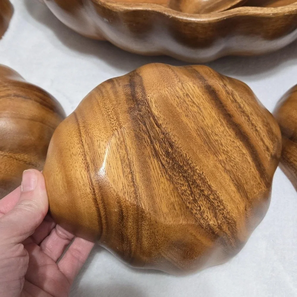 Vintage MCM Tiki Hawaiian Serving Bowl Set Teak Wood Shell‎ Shape Utensils 11 Pc